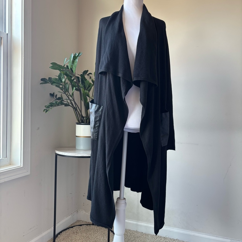 BN3 Ramy Brook Long Drape Cardigan Black Soft Knit Leather Pockets XS
